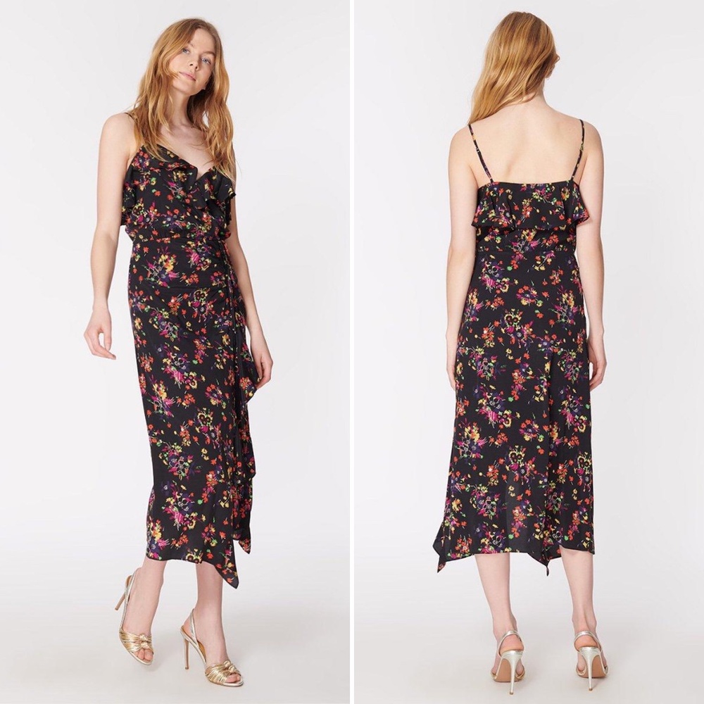 ✨NWT✨ VERONICA BEARD Monica Silk Floral Midi Dress in Black Multi Sz US 2 (XS)